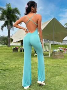 SHEIN Unity Của phụ nữ Màu thuần Dây đeo Áo liền quần ngắn - Màu xanh lam - Xem 1