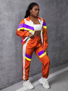 Slaydiva Women's Color-Blocked Jacket And Long Pants Athletic Tracksuit, Suitable For Spring - Orange - View 4
