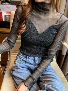 Gợi cảm Tay áo dài Lưới Áo Với Cao Đường viền cổ áo Đối với Đúng mốt Các bữa tiệc - màu đen - Xem 3