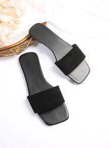 Women Single Band Open Toe Slide Sandals, Elegant Solid Outdoor Faux Suede Flat Sandals - Black - View 4