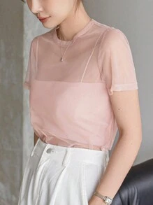 DAZY 女式夏季圆领网眼短袖透明上衣，返校服装 - 粉色 - 查看 4