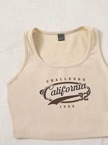 SHEIN EZwear 2 件套女士休闲“CALIFORNIA”图案圆领贴身吊带背心和抽绳腰部紧身短裤，夏季 - 卡其色 - 查看 3