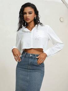 Anewsta Elegant & Casual Loose Fit Semi-Transparent Short Cut Women Shirt With Rhinestones - White - View 7