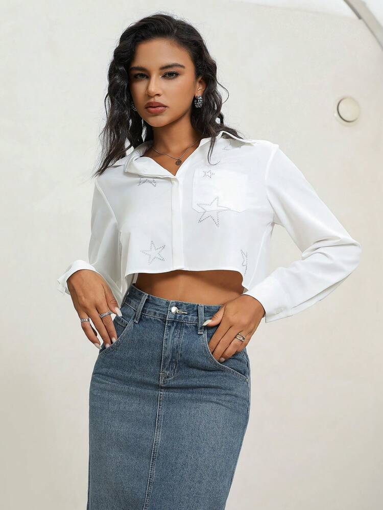 Elegant & Casual Loose Fit Semi-Transparent Short Cut Women Shirt With Rhinestones