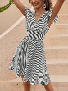 SHEIN LUNE Giải trí Sọc Xù Hoa Sen Nghệ Embellished Váy dây treo Cho mùa hè Kỳ nghỉ - màu đen - Xem 4