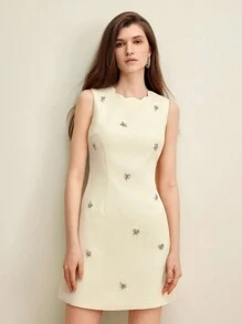 Anewsta Casual Jewel Neckline Seashell Edge Bodycon Dress Adorned With Rhinestone - Yellow - View 1