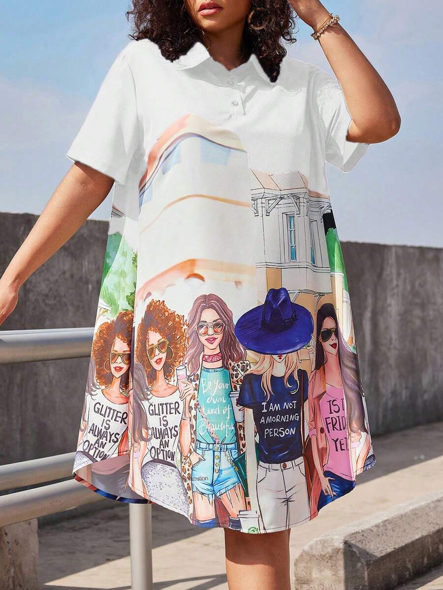 Calvaya 大尺碼卡通印花落肩短袖裙,有翻領款式 - 白色 - 查看 1