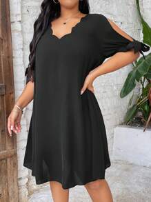 Calvaya 鬆身大尺碼夏季休閒洋裝,帶有扇貝邊緣 - 黑色 - 查看 3