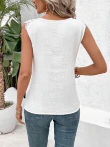 SHEIN Frenchy Women's New 2024 Spring Summer Holiday Cotton Lace Texture Off-Shoulder Sleeveless Blouse White