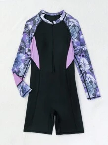 Swim SPRTY Summer Beach Contrast Tropical Printed Long Sleeve One-Piece Rashguard - Multicolor - View 7