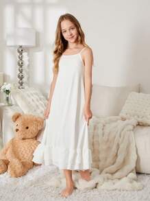 Tween Girl Simple And Elegant Plain Bubble Sleeve Sleep Dress With Ruffle Hem And Decorative Edge - White - View 2