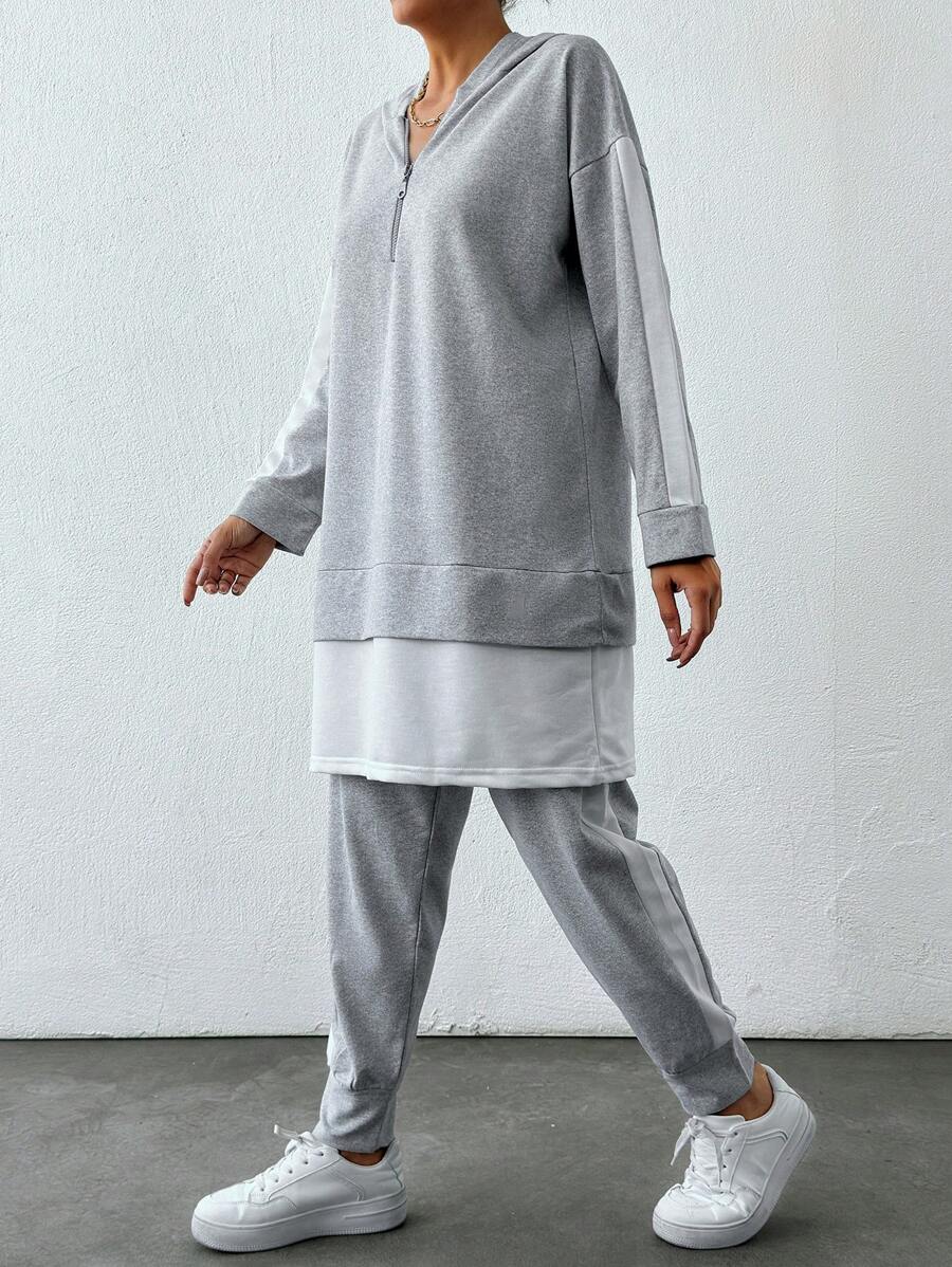 EURMUSE Women's Simple Solid Color Long Sleeve Sweatshirt And Long Pants Set - Light Grey - View 1