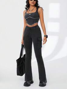 SHEIN Coolane High-Waisted V-Cut Tight-Fit Flared Pants With Side Slit - Black - View 8