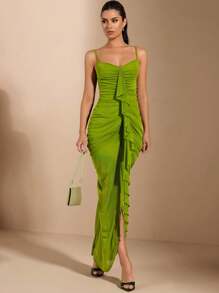 SHEIN BAE 女性性感優雅的褶邊長款背心連衣裙,緊身罩杯和前褶皺細節 - 綠色 - 查看 6