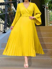 SHEIN Belle Kích thước lớn Cổ chữ V sâu Thắt lưng tay áo lá sen Xếp li Đầm - Màu vàng - Xem 5