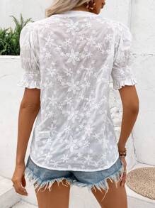 SHEIN LUNE Của phụ nữ Thêu hoa Cổ áo có khía Ngắn tay Áo sơ mi - trắng - Xem 2