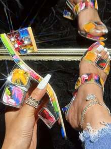 Women's Floral Open Toe High Heel Slippers - Multicolor - View 5