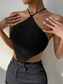 Chiquease Mouwloze gebreide top met textuur, casual dagelijkse kleding, asymmetrische zoom, spaghettibandjes, kort model, lente en zomer