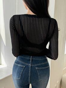 Dazy Designer 春夏短袖女式透视网眼短款上衣，V 领和系带外出上衣，节日透明，返校服装长袖女式上衣 - 黑色 - 查看 5