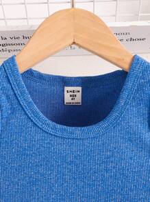 SHEIN 女童两件套休闲运动无袖上衣和字母印花短裤夏季时尚套装 - 寶藍色 - 查看 5