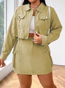 Flirla Áo khoác hai mảnh màu trơn cỡ lớn có khóa kéo phía trước, túi có nắp, viền dây rút và váy - Màu Khaki - Xem 3