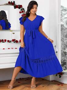 Cravure Plus Size Solid Color Lace Patchwork Ruffle Hem Dress For Summer Maxi Women Outfit Wedding