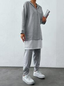 EURMUSE Women's Simple Solid Color Long Sleeve Sweatshirt And Long Pants Set - Light Grey - View 4