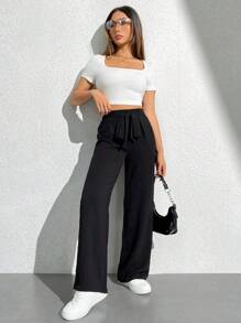 SHEIN PETITE 純色高腰扣帶寬腿褲