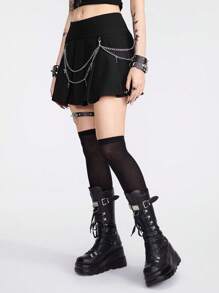 ROMWE Goth 女式y2k風格低腰百褶裙,配有金屬十字鏈裝飾,適合夏季穿著 - 黑色 - 查看 5