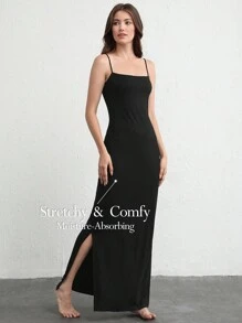 Ocili 柔軟舒適的方領平紋側分裂坎肩連衣裙-黑色 - 黑色 - 查看 1