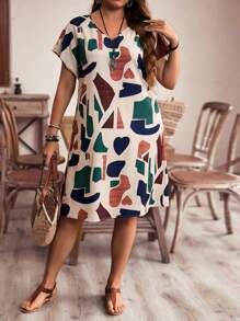 EMERY ROSE Vestido De Verano De Talla Grande Para Mujer Con Estampado Geométrico, Cuello En V, Manga Murciélago Y Corte Recto - Multicolor - Ver 5