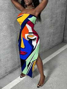 Slaydiva Women's Summer Abstract Printed Bodycon Strapless Dress With Side Slit - Multicolor - View 3