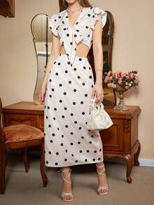 SHEIN Frenchy In vết tròn Polka Top Cây trồng Và Bộ váy Với Chi tiết nút thắt Cho mùa hè - Nhiều màu - Xem 7