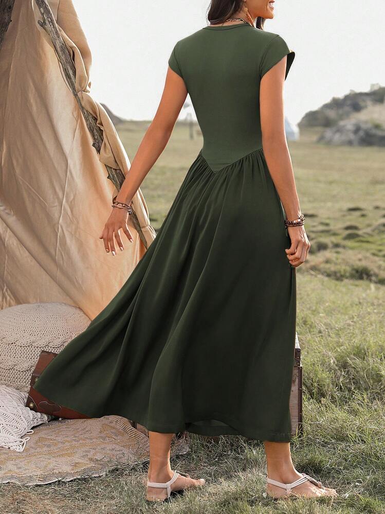 SHEIN LUNE Vestido casual largo de manga corta con cuello redondo para mujer, atuendo maxi de verano para mujeres - Verde militar - Añade 2