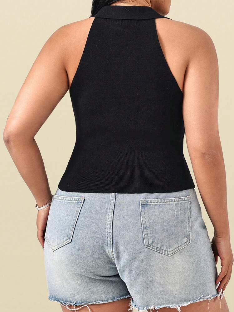 Plus Size Women's Sleeveless Knit Top With Zipper Front & Lapel Collar