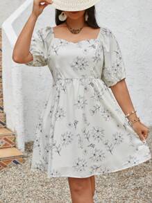 SHEIN VCAY Robe À Manches Bouffantes À Encolure Cœur Imprimé Floral Taille Plus - Blanc - View 5