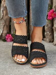 Sandalias deslizantes para mujer, nuevas para el verano talla grande, con diseño hueco a la moda, de plataforma gruesa, suela blanda y cuña para uso en exteriores - Negro - Ver 7