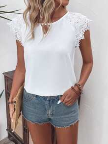 SHEIN LUNE Women's Summer Casual Loose Fit Shirt With Keyhole Neckline, Burn-Out Floral Embroidery And Raglan Sleeves - White - View 7
