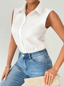 Chiquease Của phụ nữ Mùa hè Màu thuần Không tay Áo sơ mi Bodysuit - trắng - Xem 4