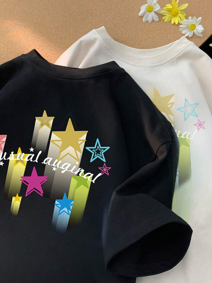 Manfinity Hypemode Männer Stern & Buchstabe Gedrucktes Rundhals T-shirt - Schwarz und Weiss - Übersicht 1