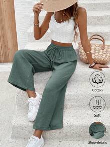 SHEIN Frenchy Ladies' Summer Contrast Lace Crop Top With Spaghetti Strap And Pants Casual Two-Piece Set Green - Dark Green - View 1