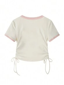 Camiseta crop con estampado de slogan con cordón lateral - Blanco - Ver 4