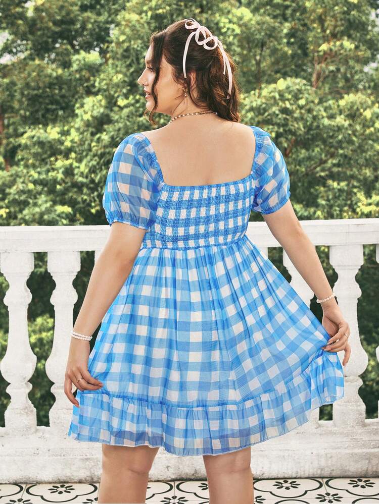 Plus Size Women's Blue & White Plaid Lace Patchwork A-Line Dress For Summer