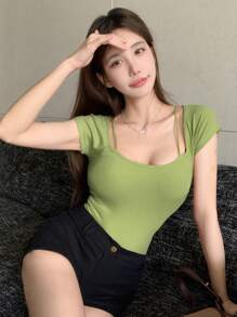 DAZY 女士夏季休閒修身露肩肋編T恤 - 橄欖綠 - 查看 2