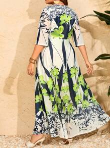 Seusyu Plus Size Women's Clover Print Round Neck Arab Dress - Multicolor - View 2