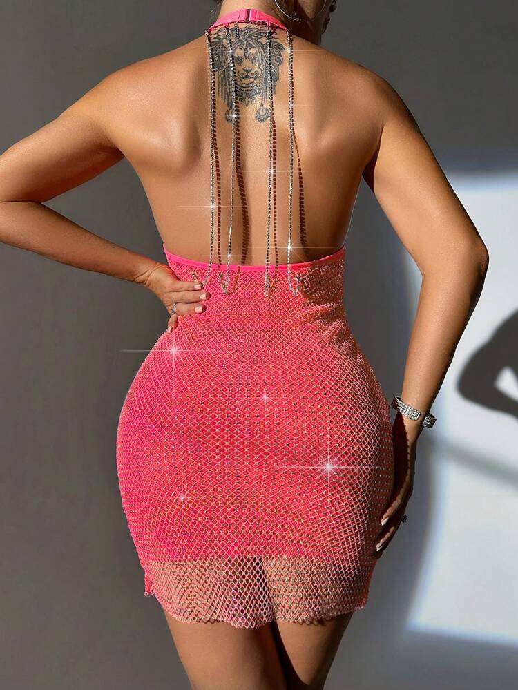 Summer Rhinestone Fishnet Backless Halterneck Bodycon Dress