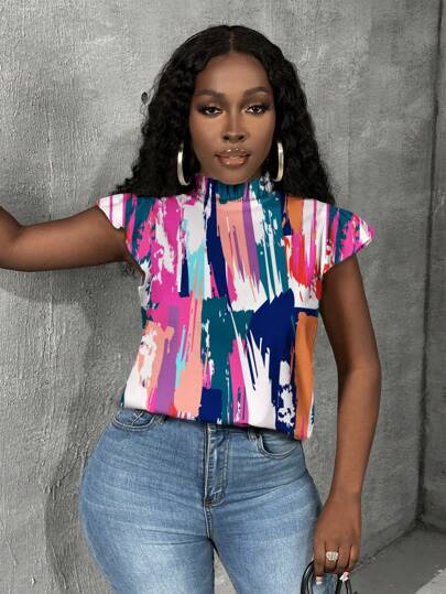 Slaydiva Tie Dye Short Cap Sleeve Stand Collar Fitted Women's Shirt