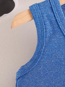 SHEIN 女童两件套休闲运动无袖上衣和字母印花短裤夏季时尚套装 - 寶藍色 - 查看 3