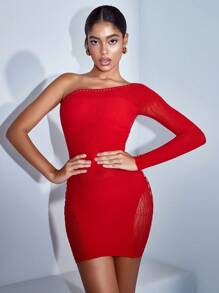 SHEIN BAE Women Red Bodycon One Shoulder Asymmetrical Seamless Rib-Knit Long Sleeve Dress,Summer,70's,Club Night,Party Disco,Homecoming,Prom,Birthday,,Sheer - Red - View 2