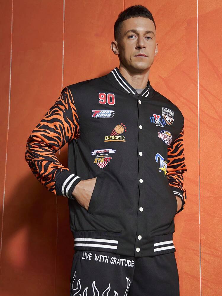 Boyfriend Style Men's Baseball Collar Tie Pocket Letter & Cartoon Printed Sports Jacket Workout Tops